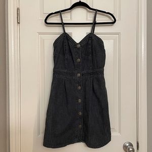 Vintage American Rag Denim Sweetheart Cut Neckline Gold Button Front Mini Dress